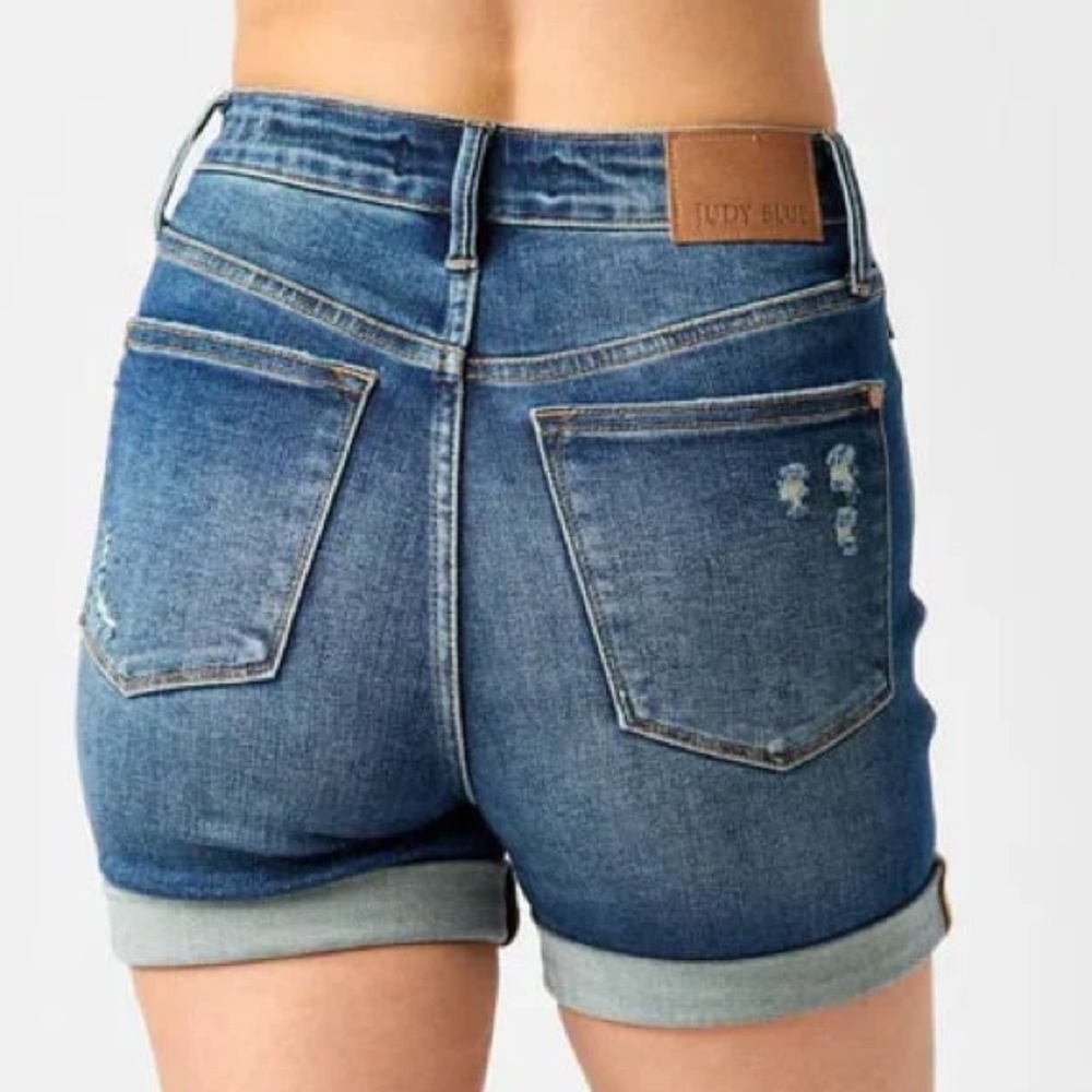 Judy Blue Tummy Control High Waist Vintage Wash Cuffed Shorts Denim Women’s XL - Picture 5 of 13